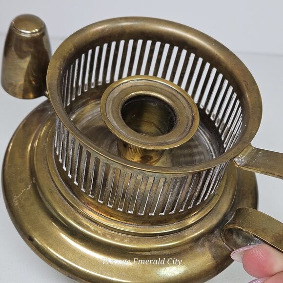 Vtg Antique Brass Chamberstick Rare Candle Holder W Handle Tapered Candelabra - Picture 6 of 13
